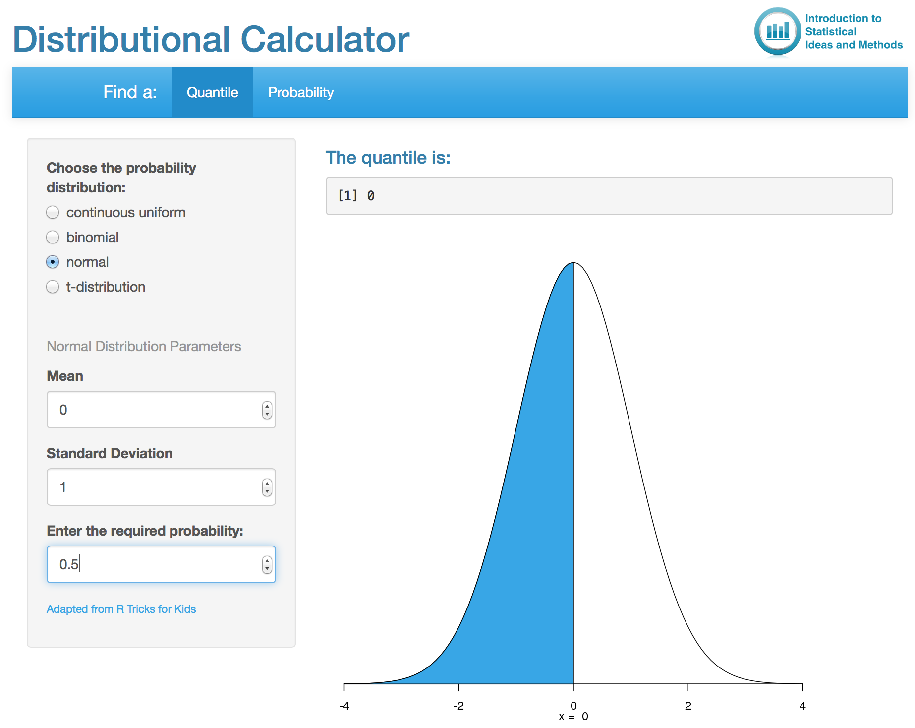Screenshot of Distribution Calculator Shiny app